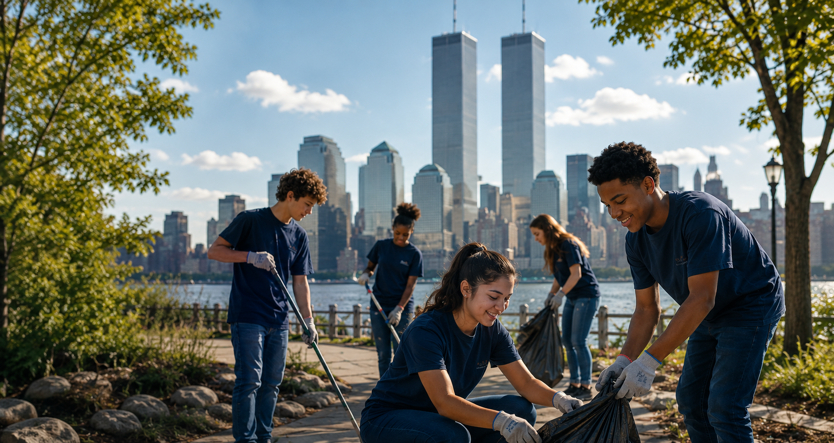 Youth volunteers serving together with the New York City skyline and the Twin Towers in the background